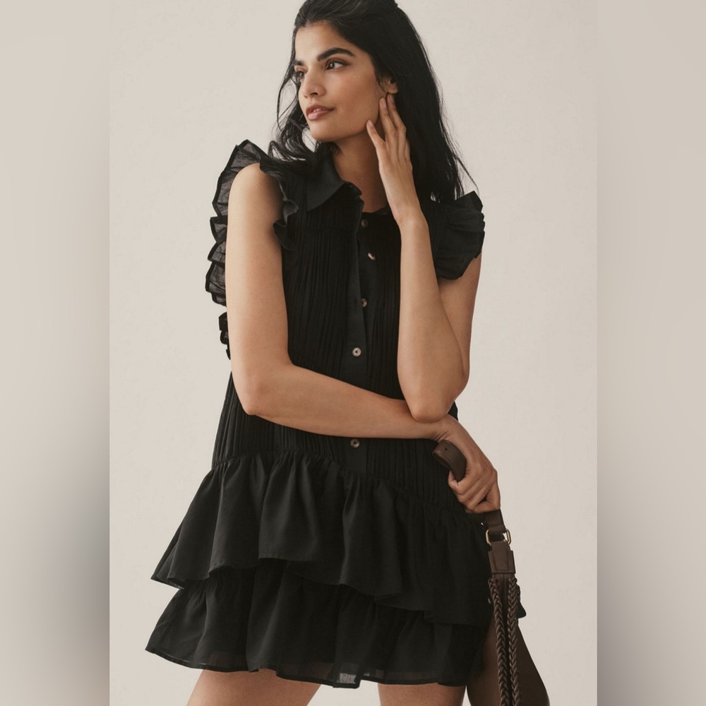 Anthropologie sleeveless ruffle tiered collared black mini shirt dress small NWT